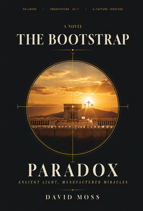 Cover of The Bootstrap Paradox: an ancient temple at sunset seen through a gold observation reticle, three crosses on the hill behind it